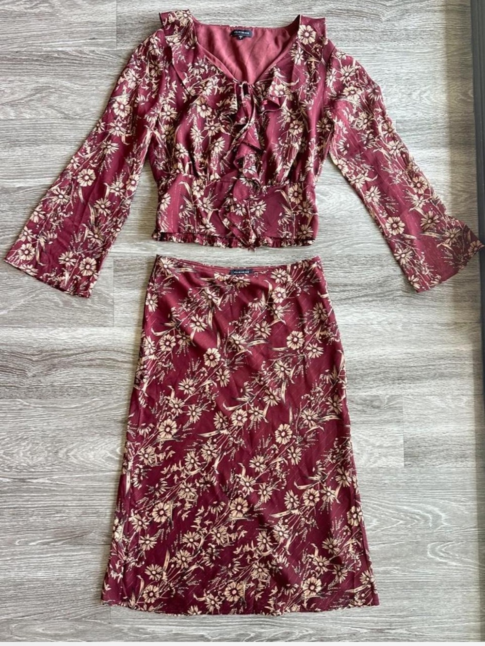 Pleione Burgundy Floral Ruffle Skirt Set